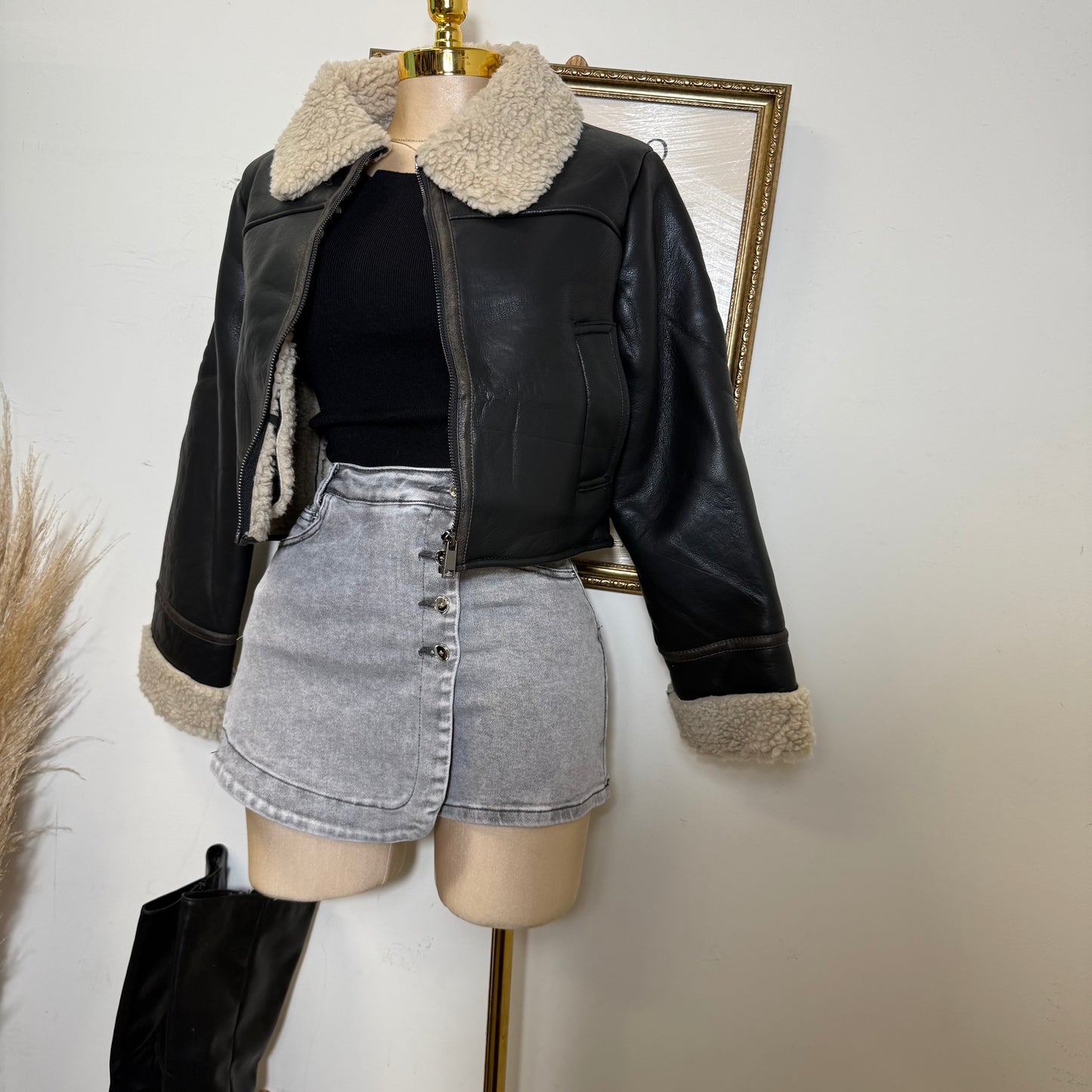 Sherpa lined Leather Jacket-Black