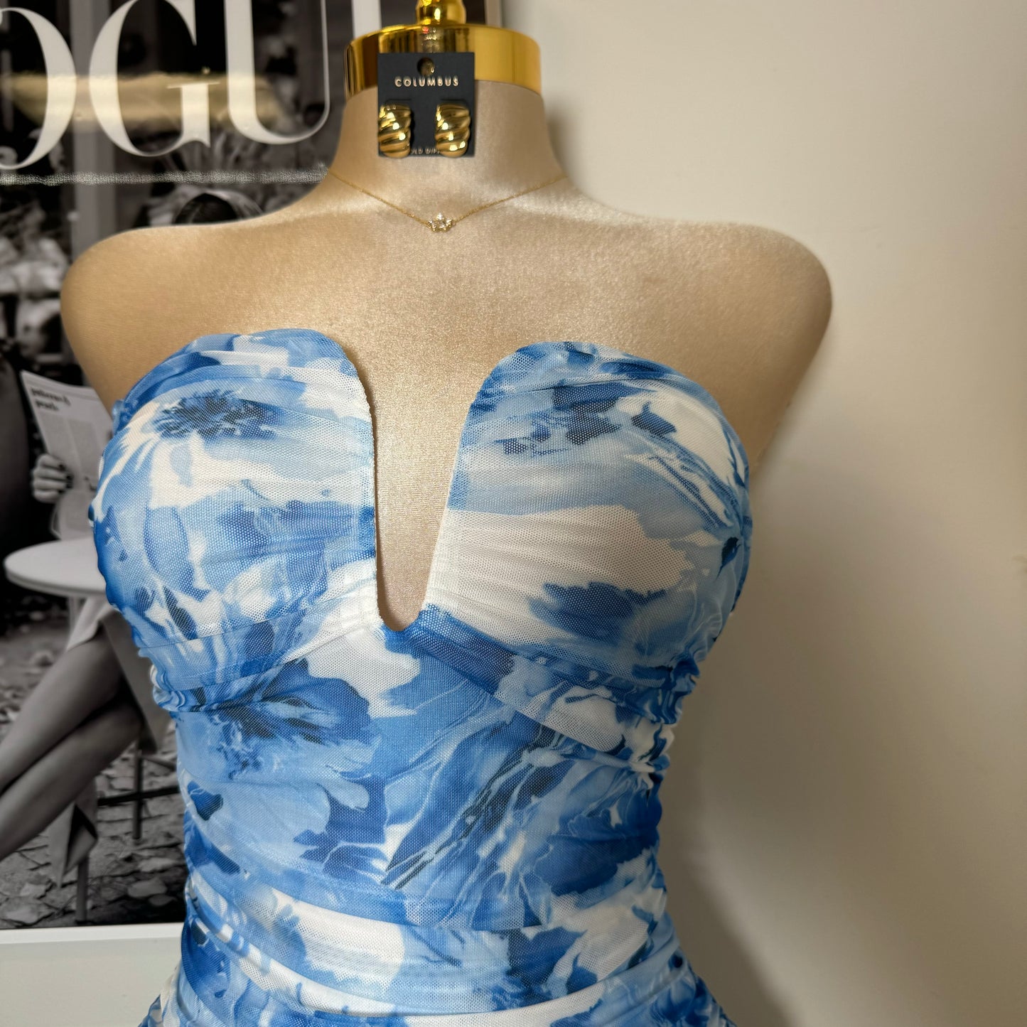 Strapless Mesh Print Dress-Baby Blue/White