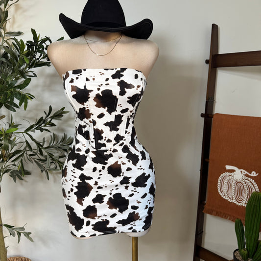 Strapless Cow Printed Mini Dress-White