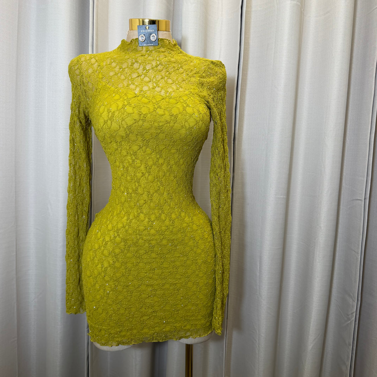 Long Sleeve Rhinestone Lace Dress-Olive Moss