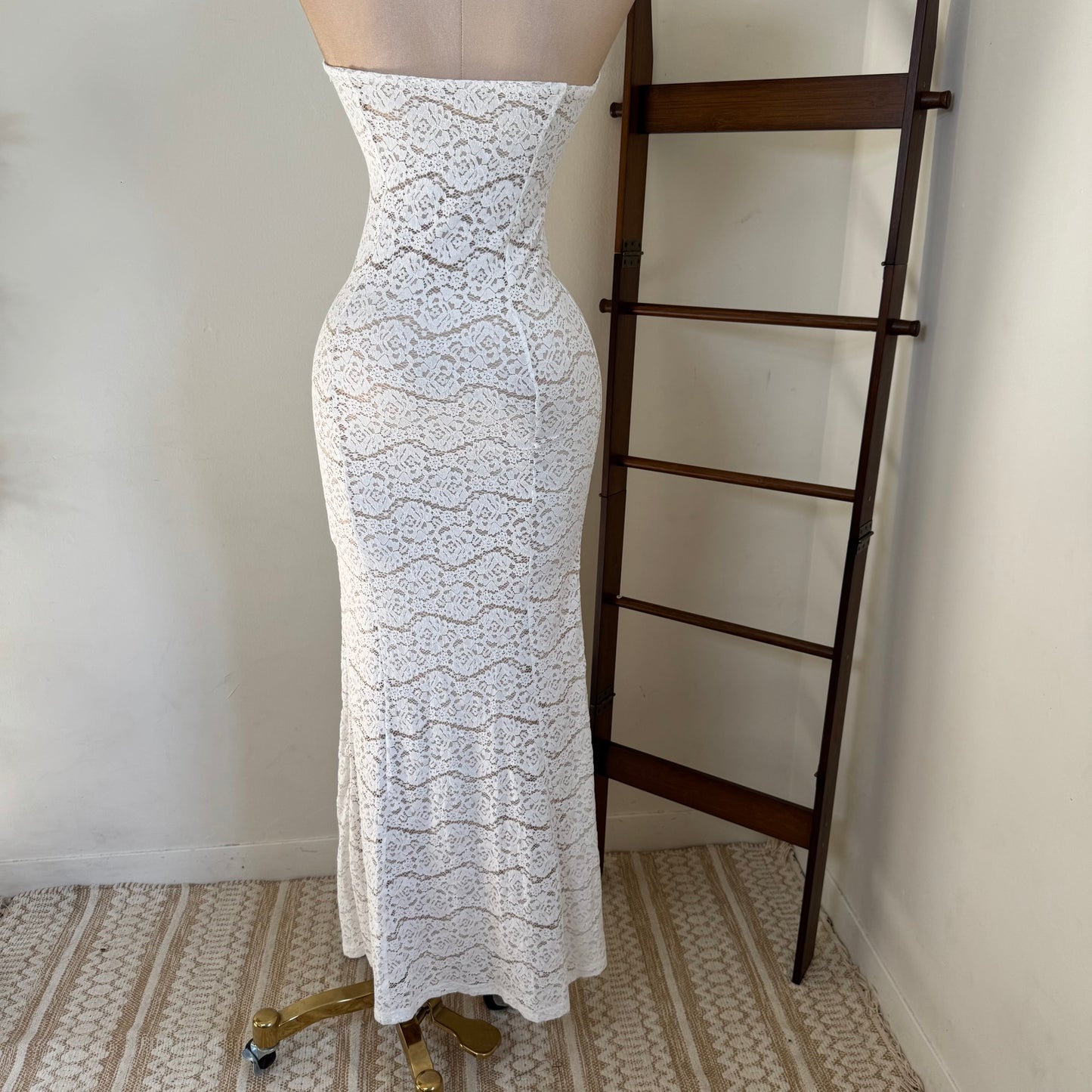 Lace Strapless Maxi Dress-White