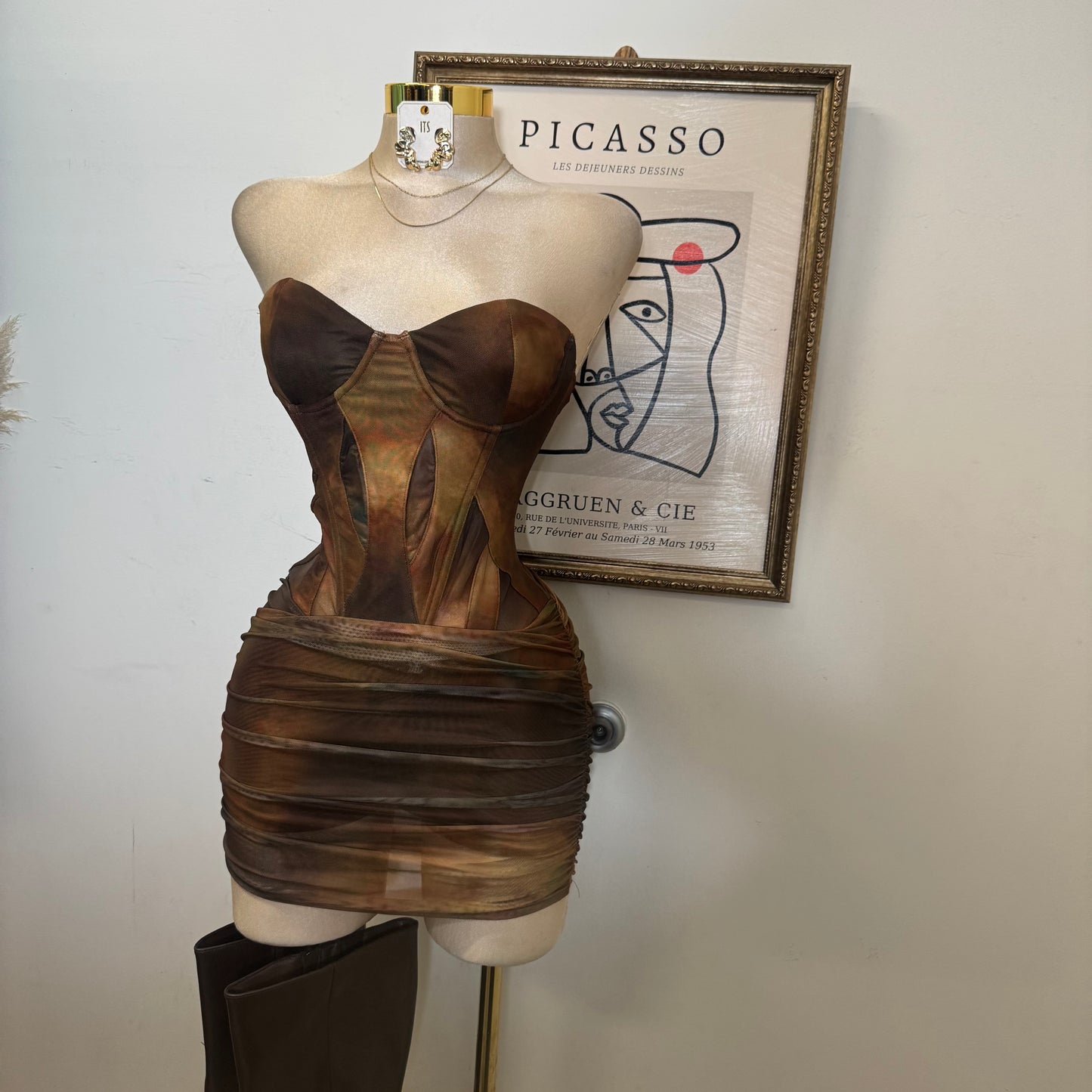 Corset Mesh Mini Dress-Green