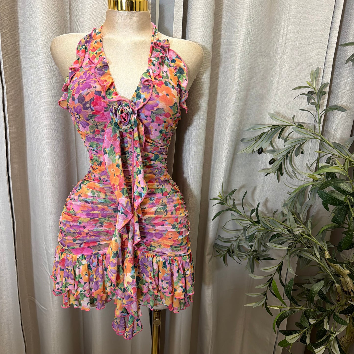 Flower Print Mesh Mini Dress-Pink