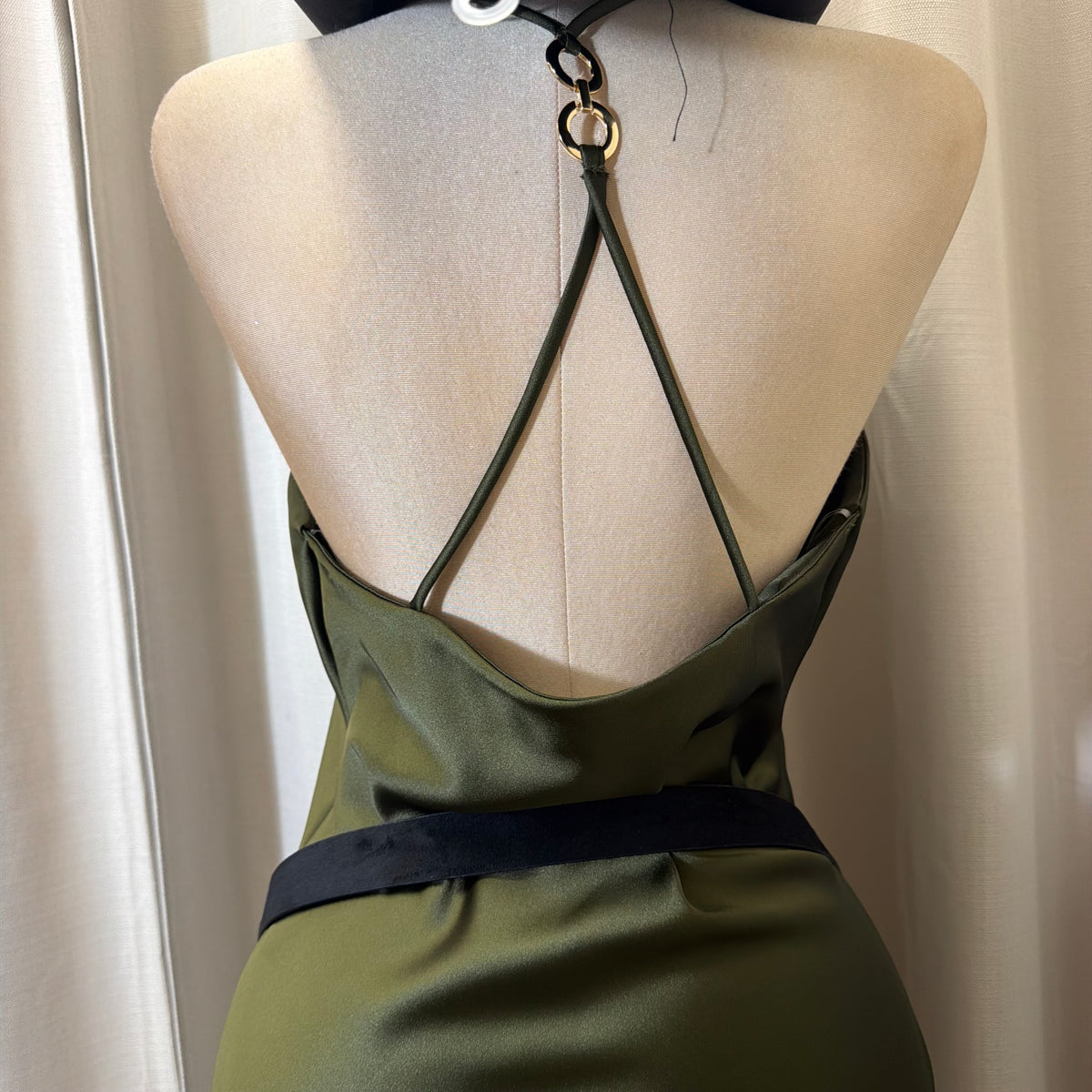 Halter Satin Mini Dress-Olive
