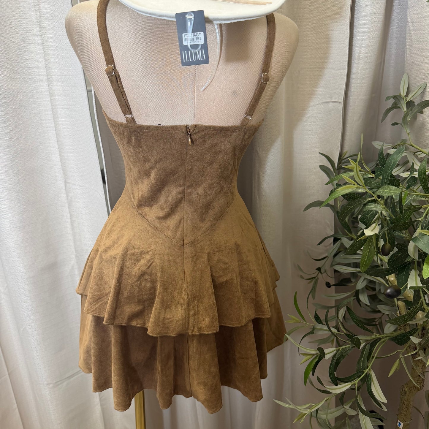 Studded Lace Up Tiered Mini Dress-Brown
