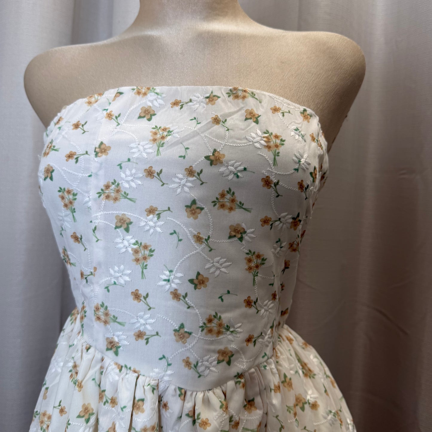 Strapless Floral Midi Dress-White/Yellow