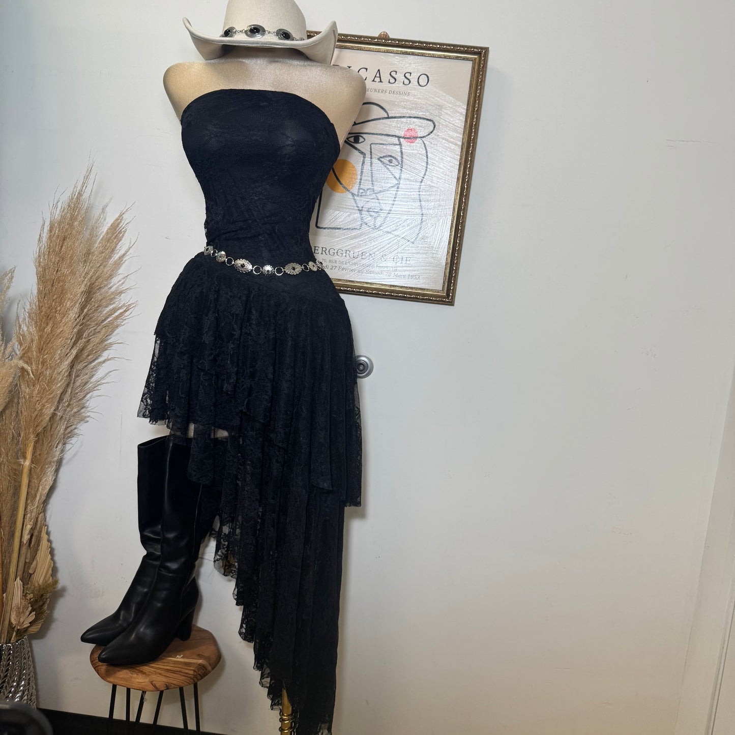 Lace Double Layer Ruffle Asymmetrical Maxi Dress-Black