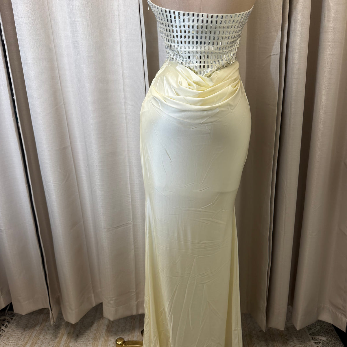 Rectangle Rhinestone satin mermaid maxi Dress-Ivory