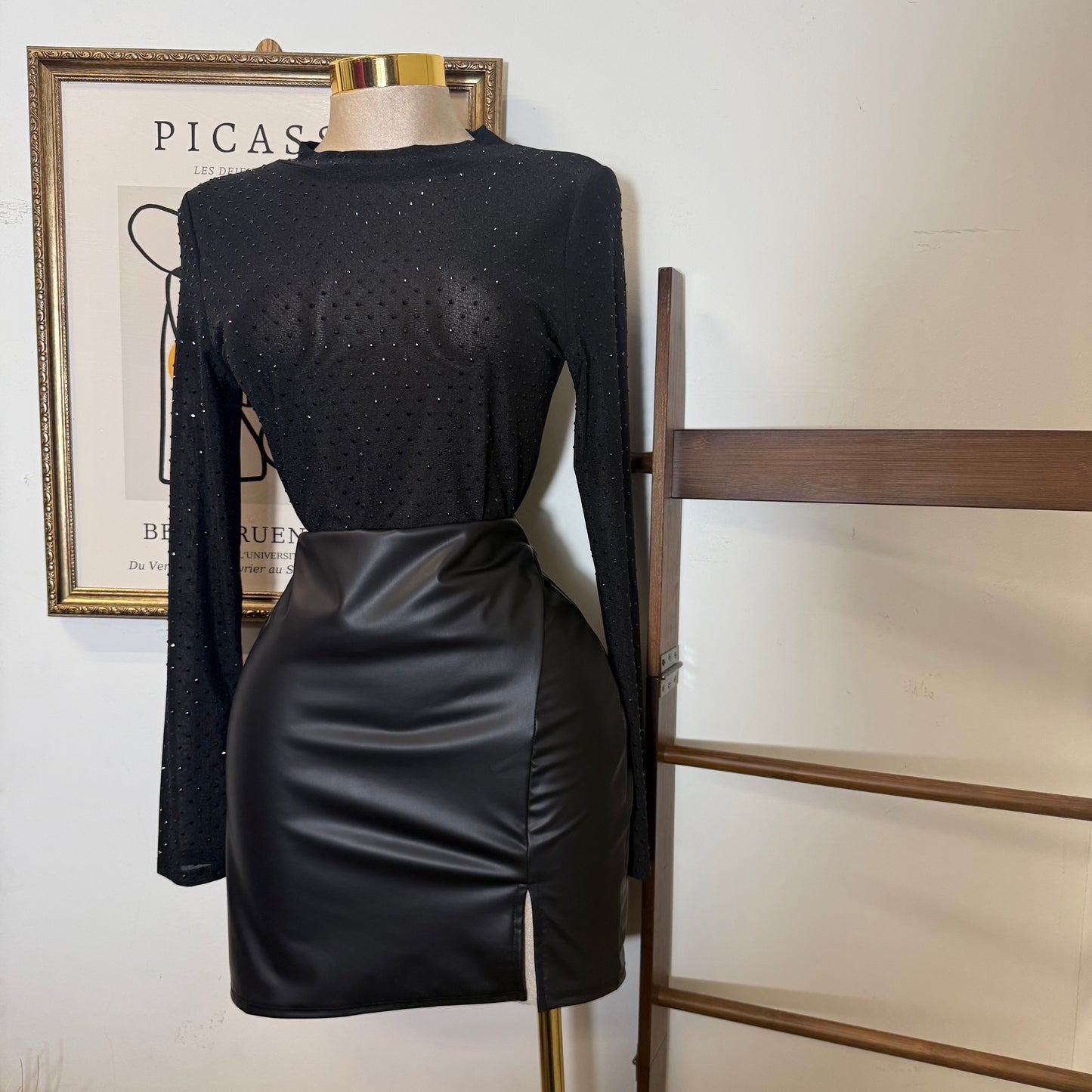 Long Sleeve Fitted Top in Mesh Black Rhinestone-Black