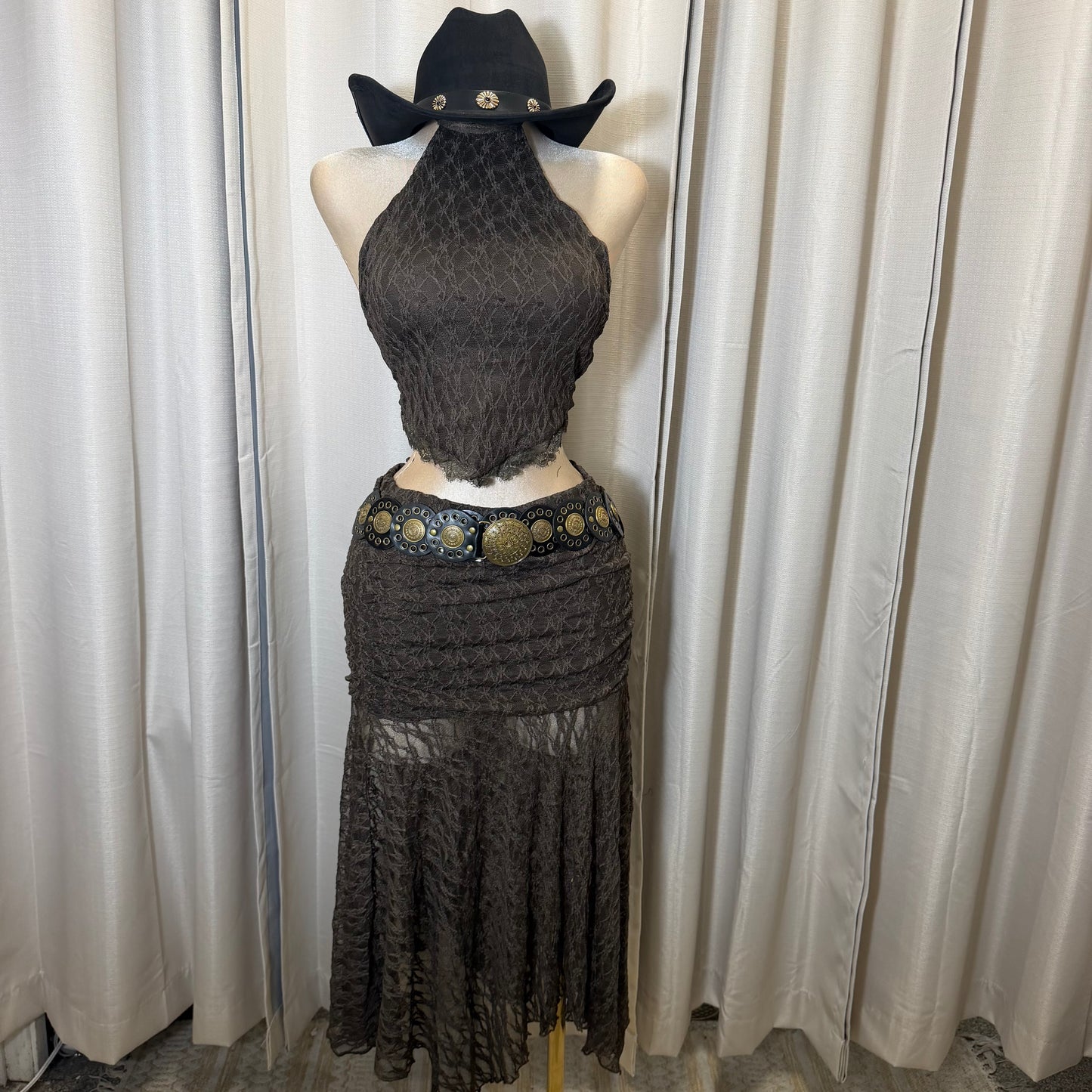 Halter Lace Maxi skirt Set-Brown