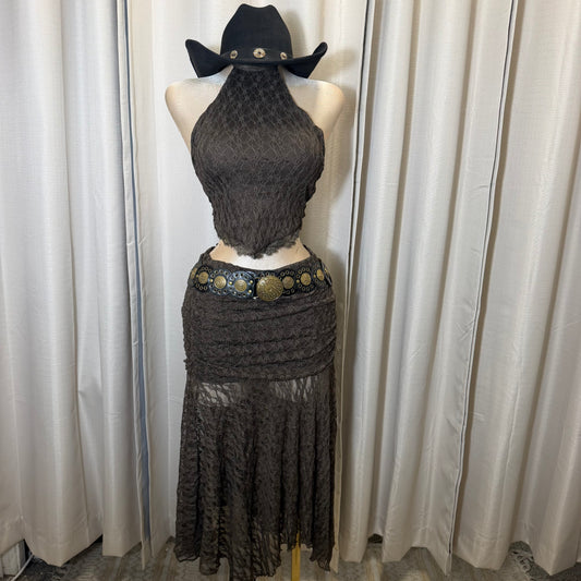 Halter Lace Maxi skirt Set-Brown