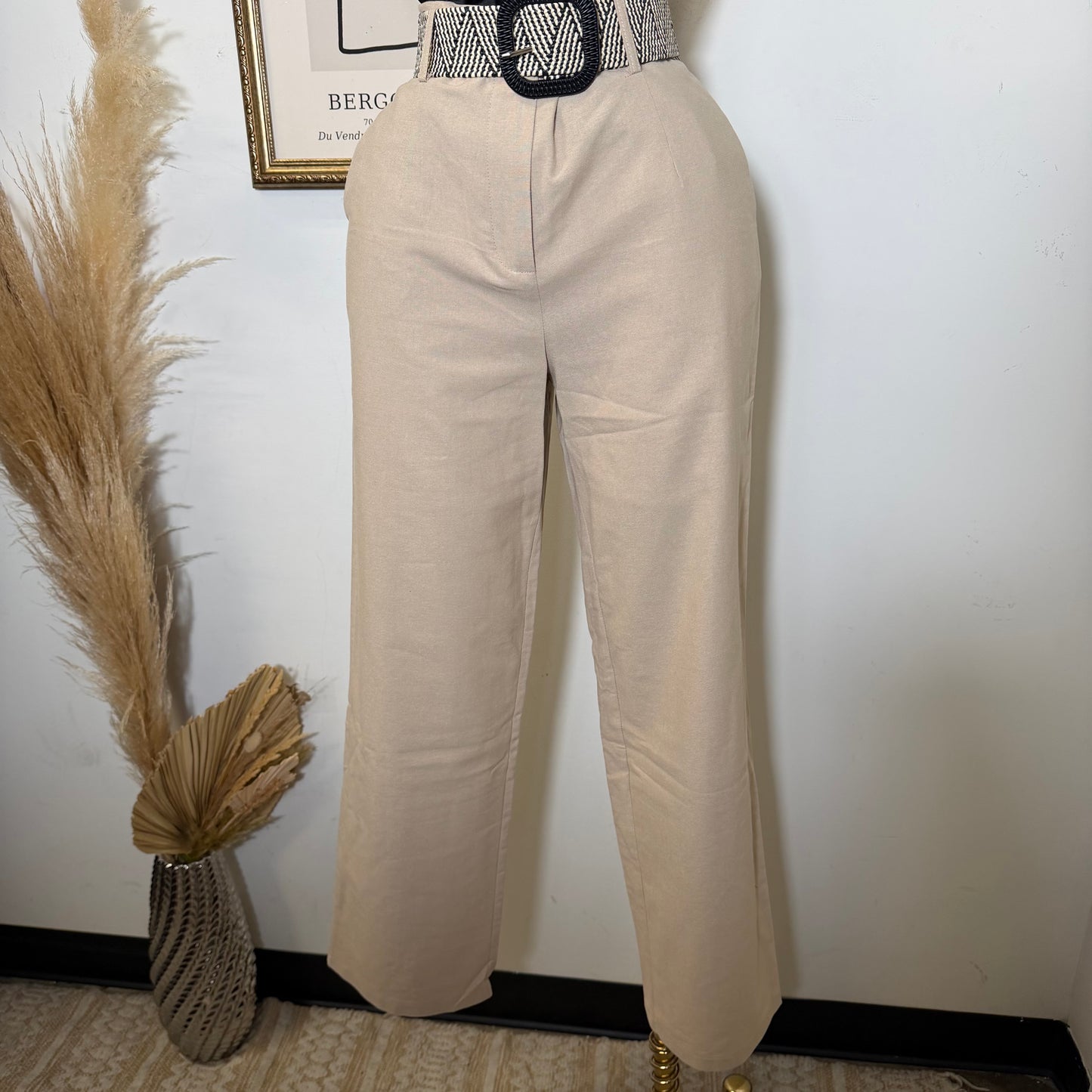 Linen Tribal Pattern Belt Wide Leg Pants-Khaki