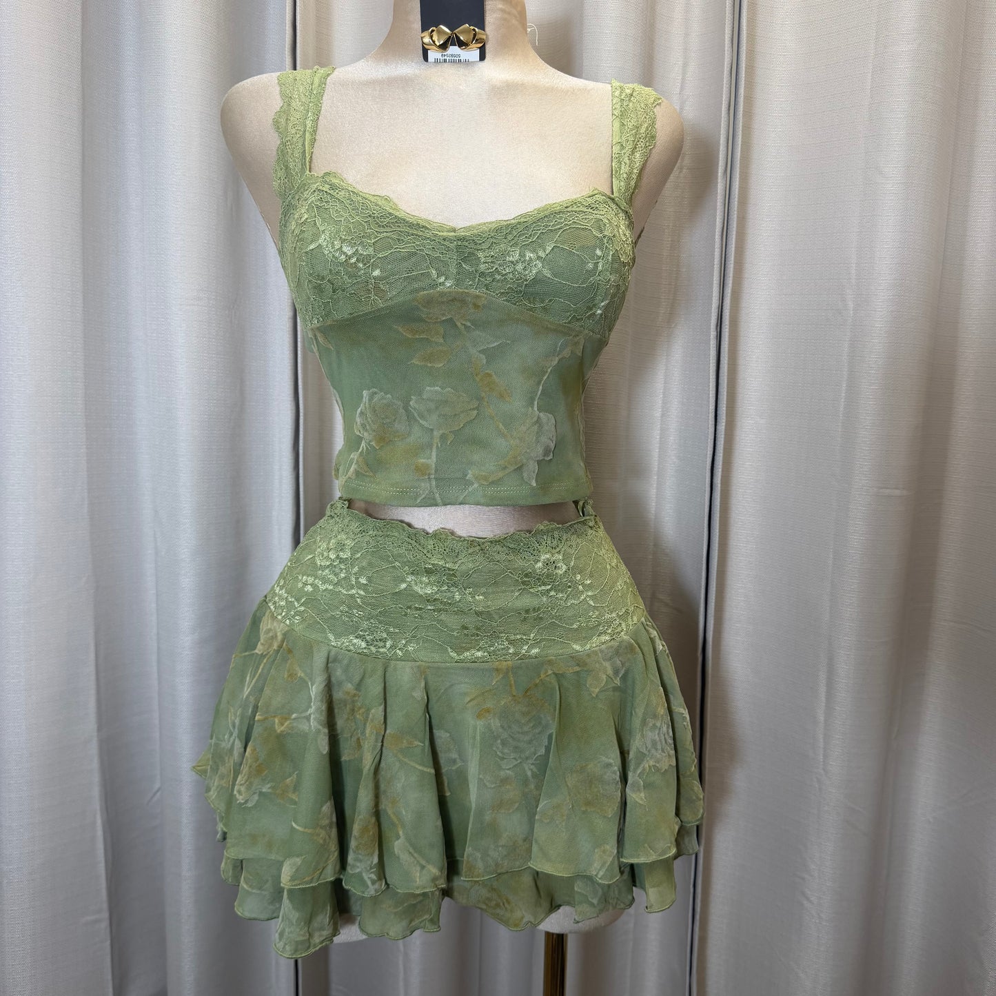 Lace Flower Skirt set-Green moss