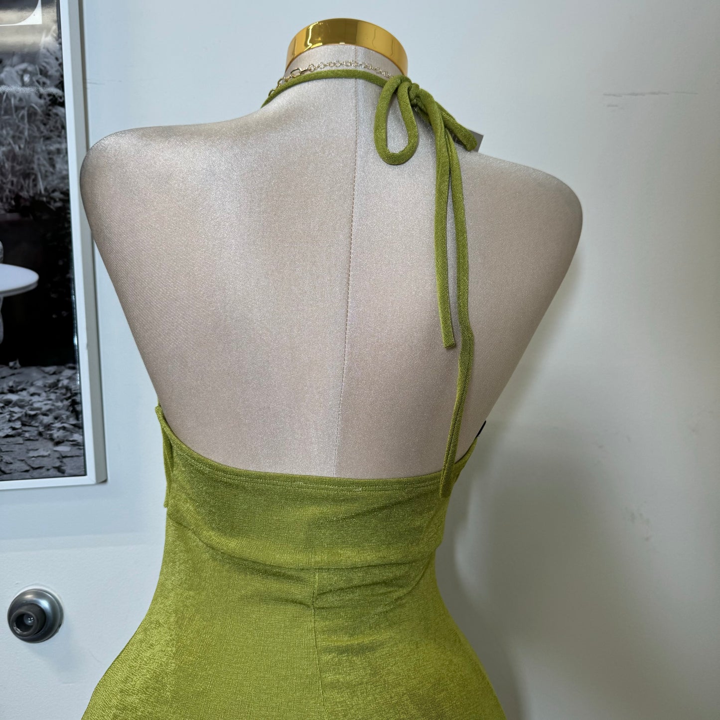 Bead Cowl Neck Halter Midi Dress-Green