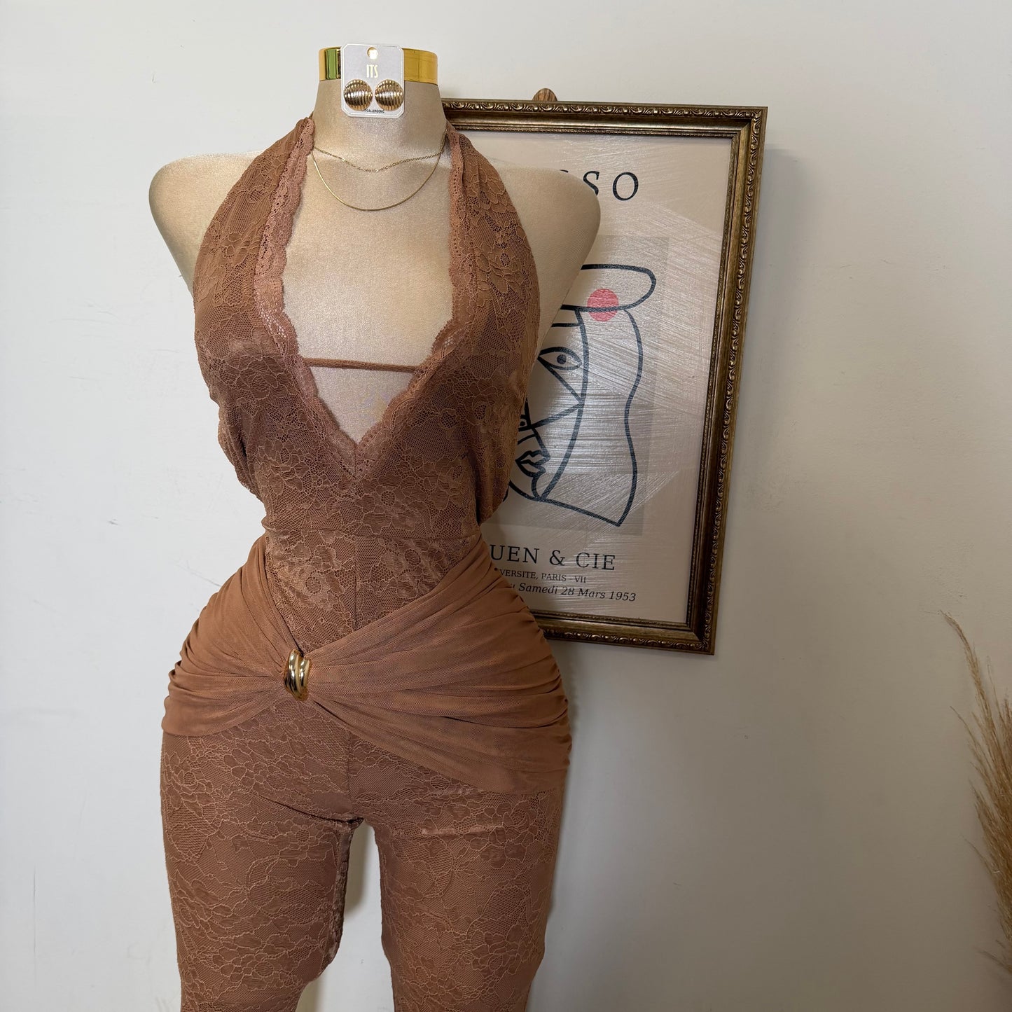 Halter Lace Jumpsuit Gold Detail-Brown