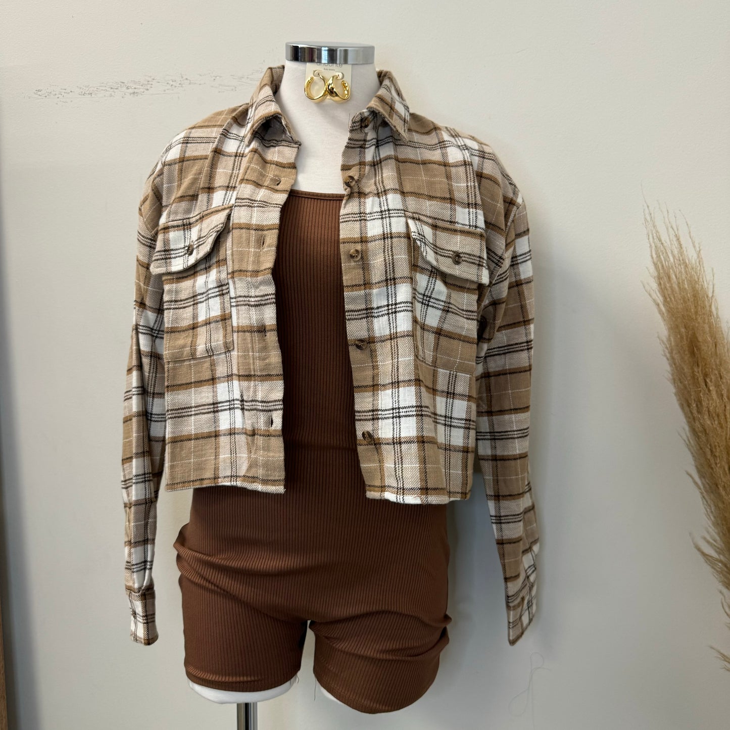 Bonita Crop Plaid Shirt -Brown