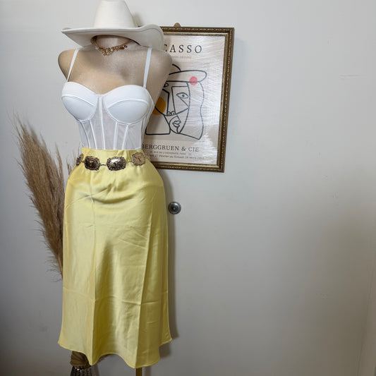 Satin Midi Skirt-Butter Yellow