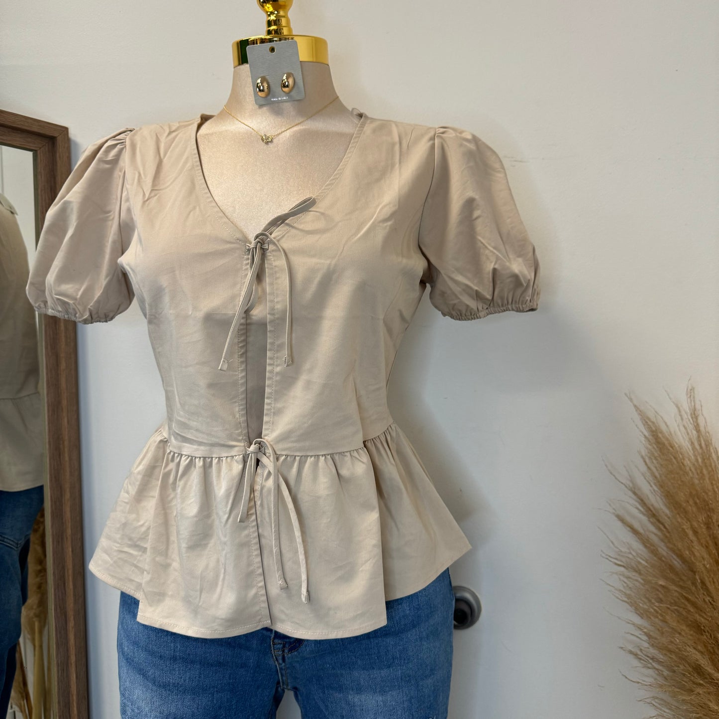 Bow Bubble Top-Taupe
