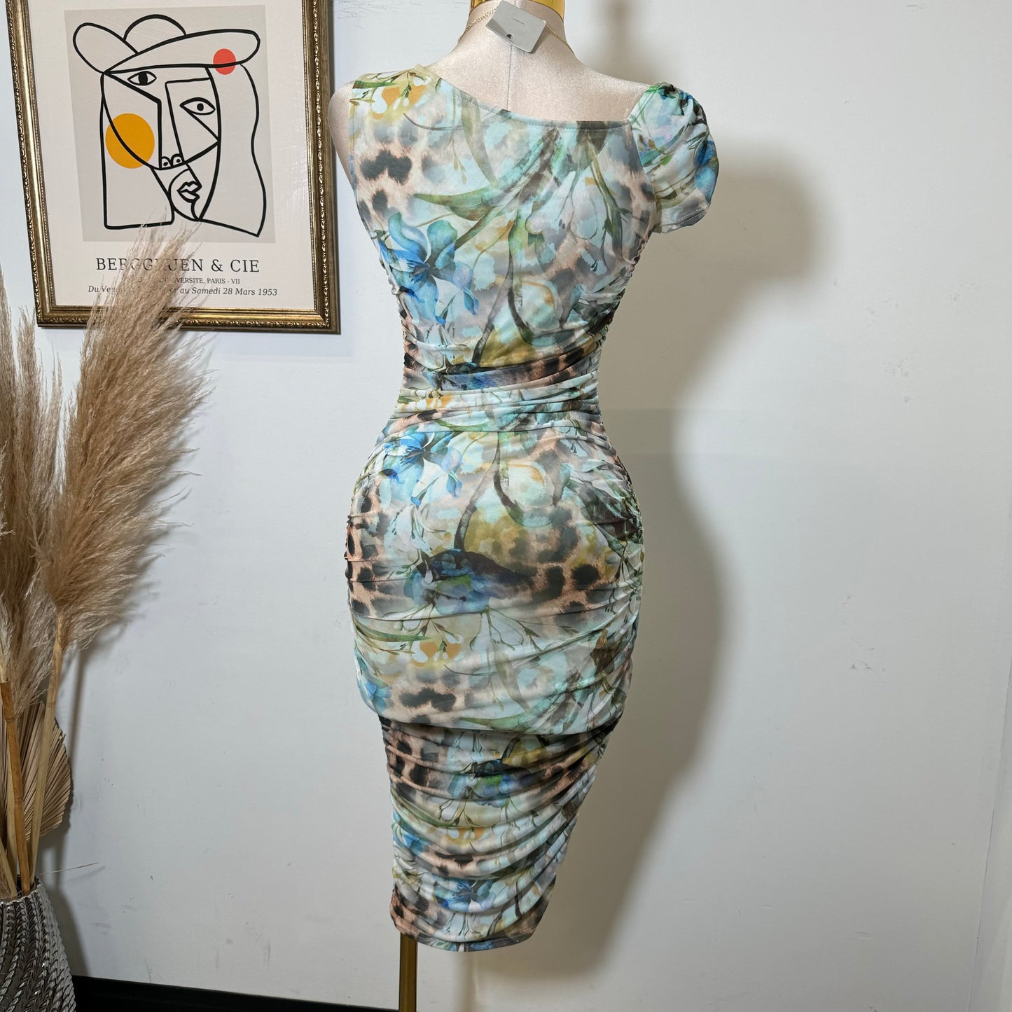 Asymmetric Flower Mesh Dress-Blue