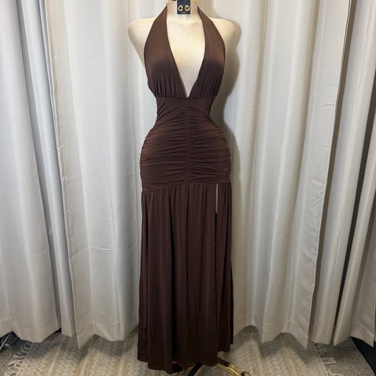 Halter Plunging Neckline Ruched Maxi Dress-brown