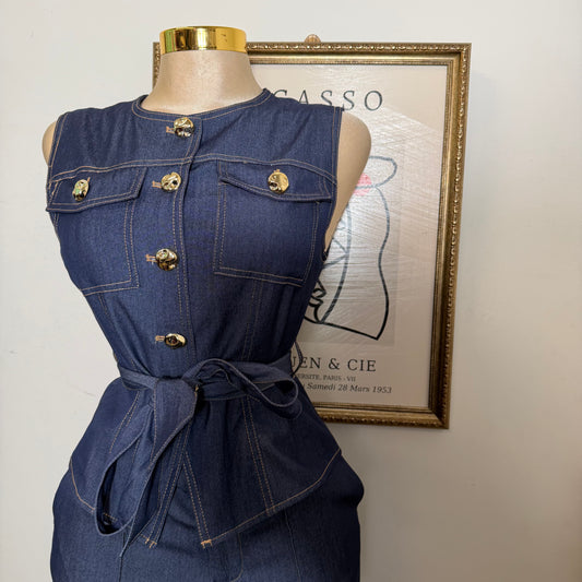 Belted  Denim Vest-Indigo