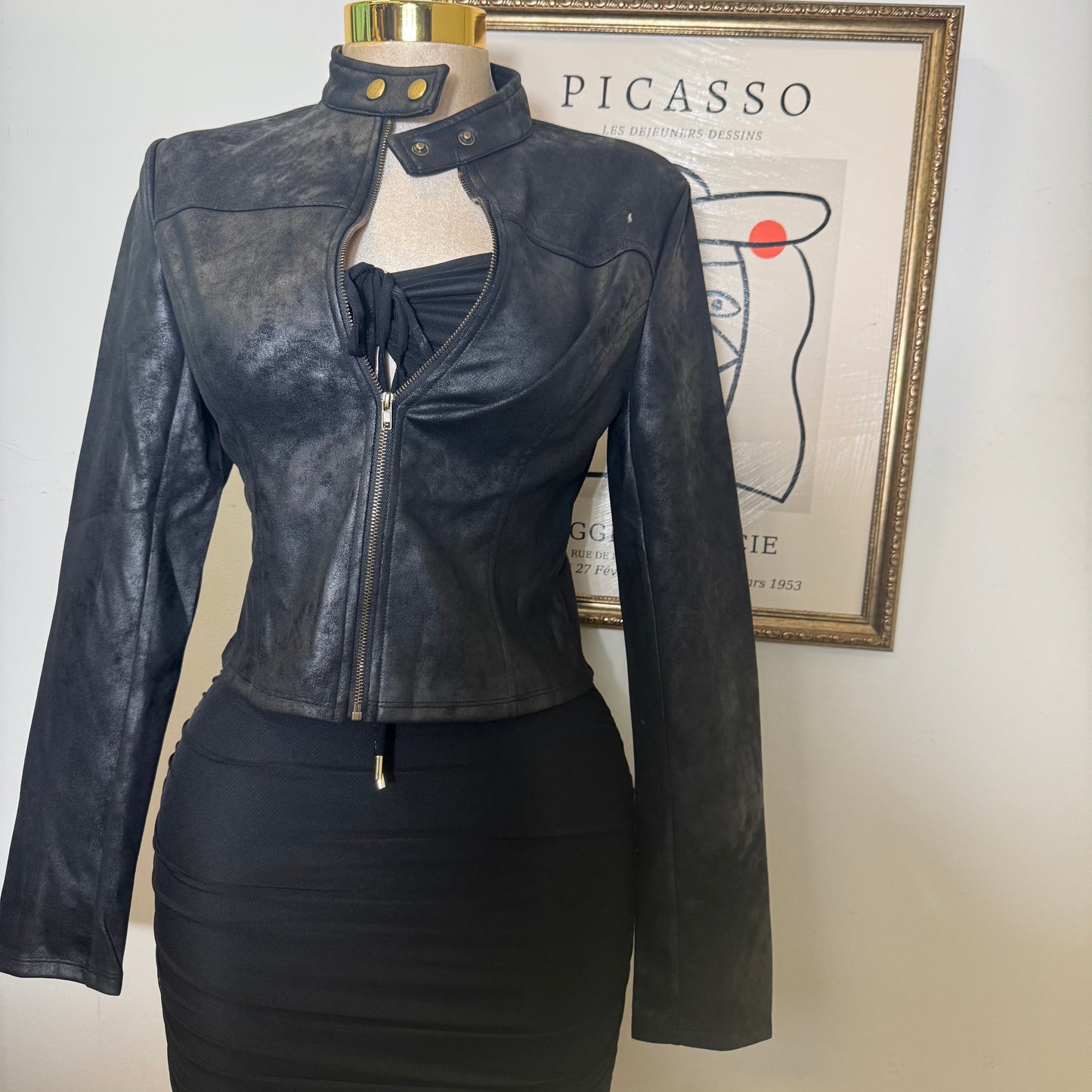 Suede Biker Jacket With Zipper-Black