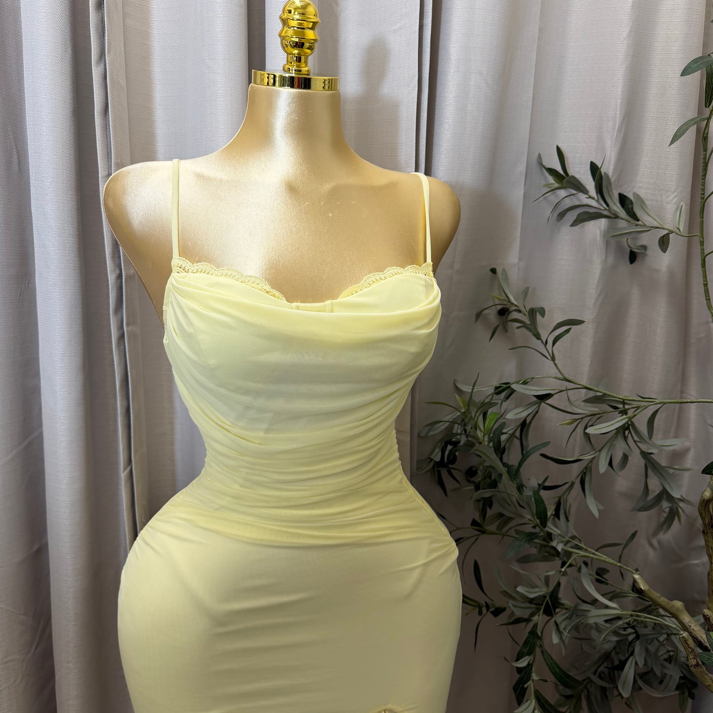 Mesh draped Slit Midi Dress-butter yellow