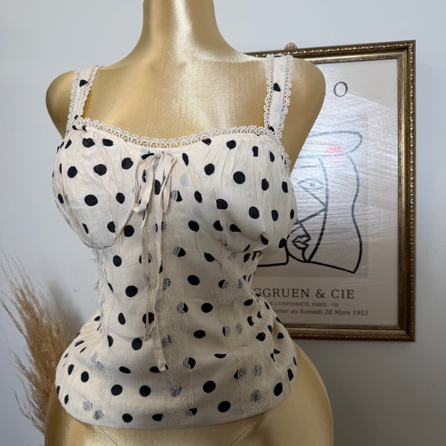 PL-Polka Dot Corset Tank Top with Smocked back- Beige/Black