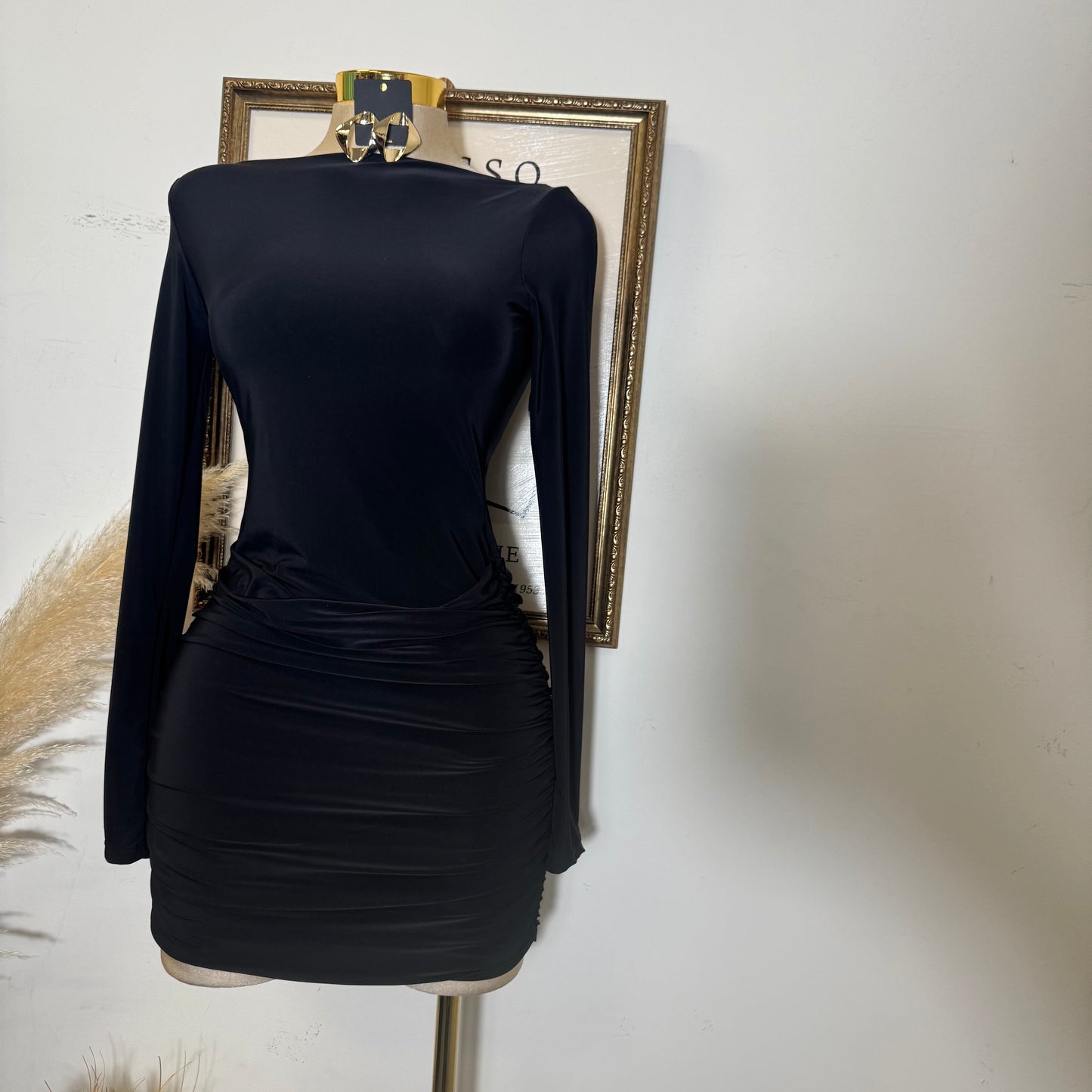 Long Sleeve Ruched Mini Dress-Black