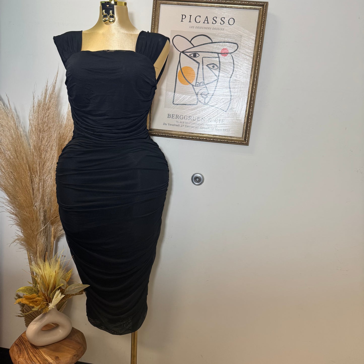 PL Sleeveless Square Neck Ruched Mesh Dress-Black