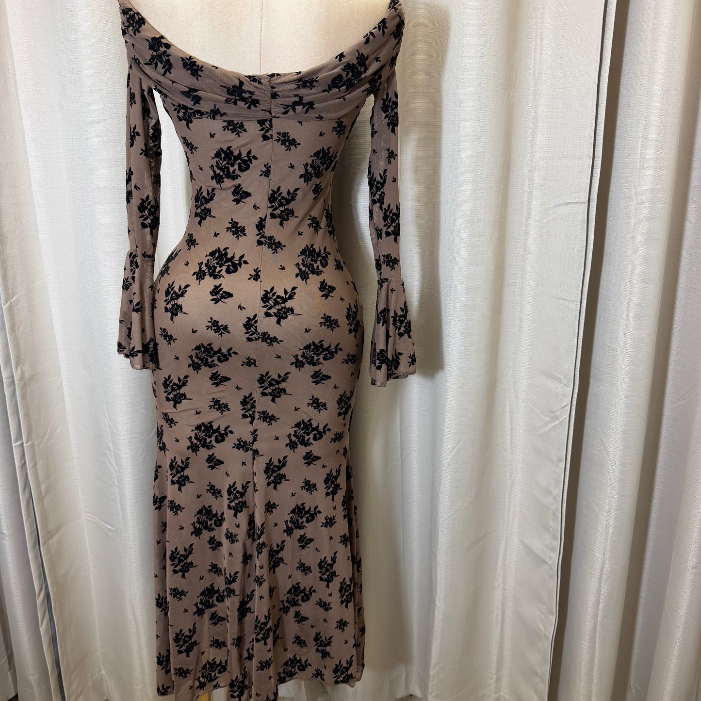 Flocked Long Sleeve Mesh off shoulder maxi Dress-Brown/Black
