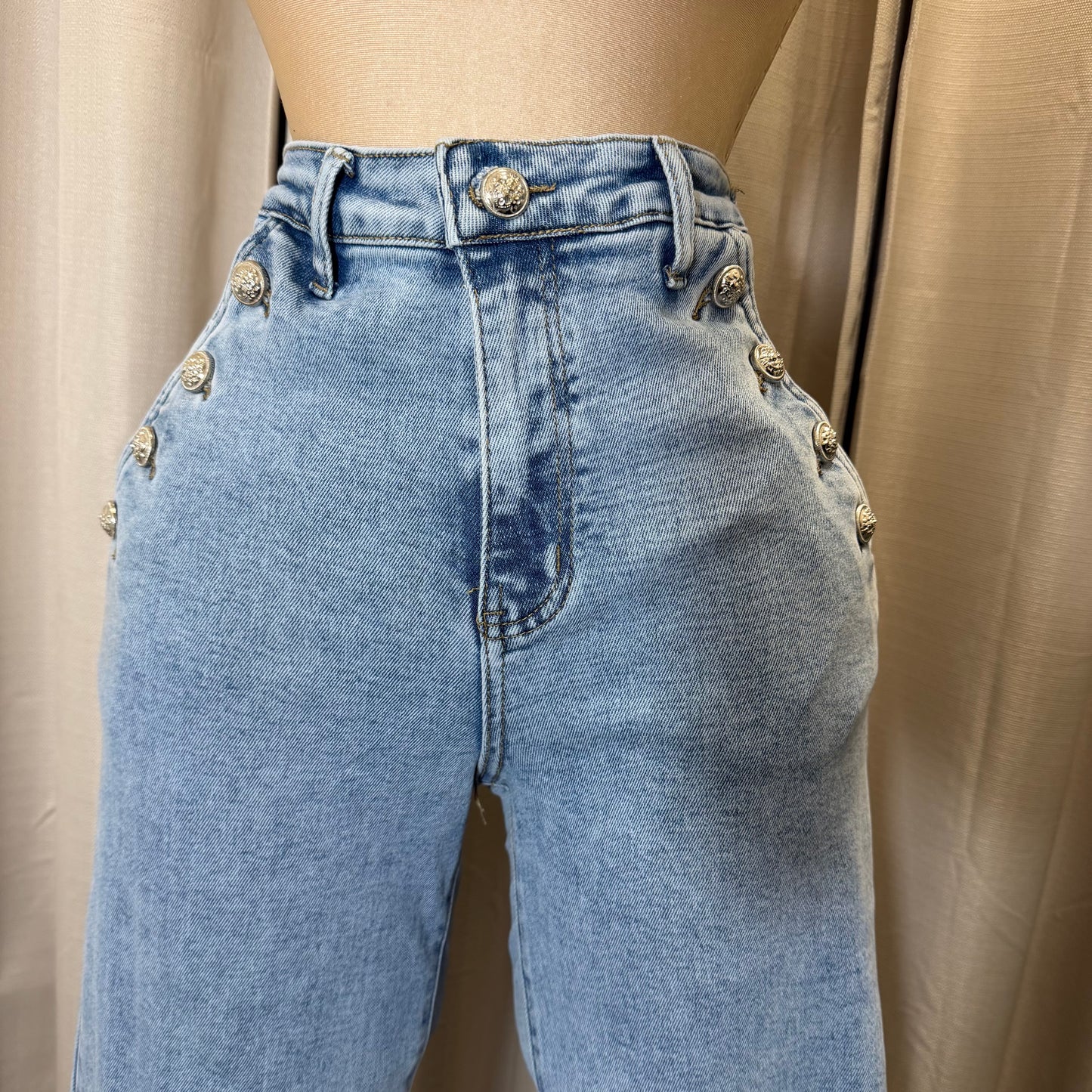 High Waisted Jeans Button On the Side-Light Blue