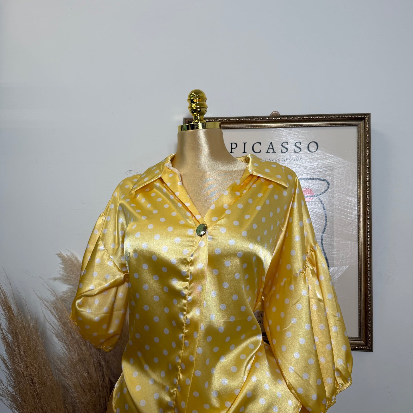 PL-Button Up Bomber Sleeve Blouse-Yellow