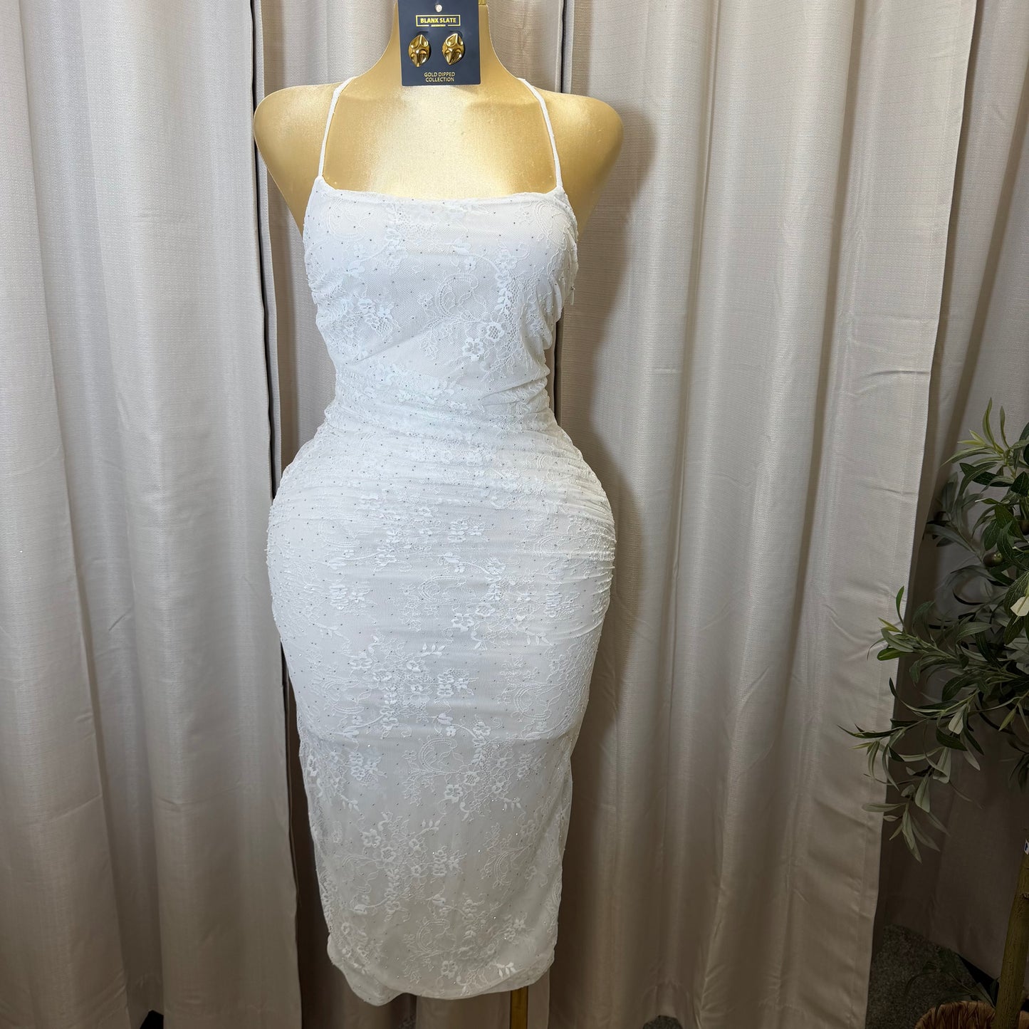 LACE RUCHED MIDI DRESS-White/Ivory