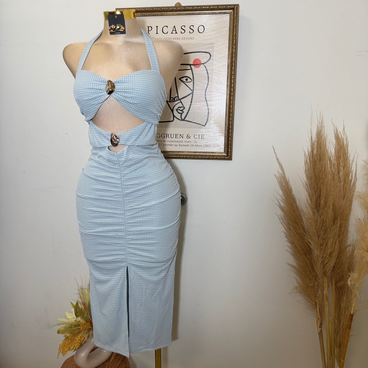 Front metal Trim Shirring with slit Midi Dress-Blue