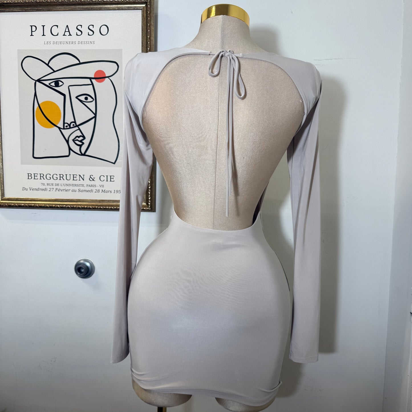 Long sleeve Drape Mini Dress-Stone