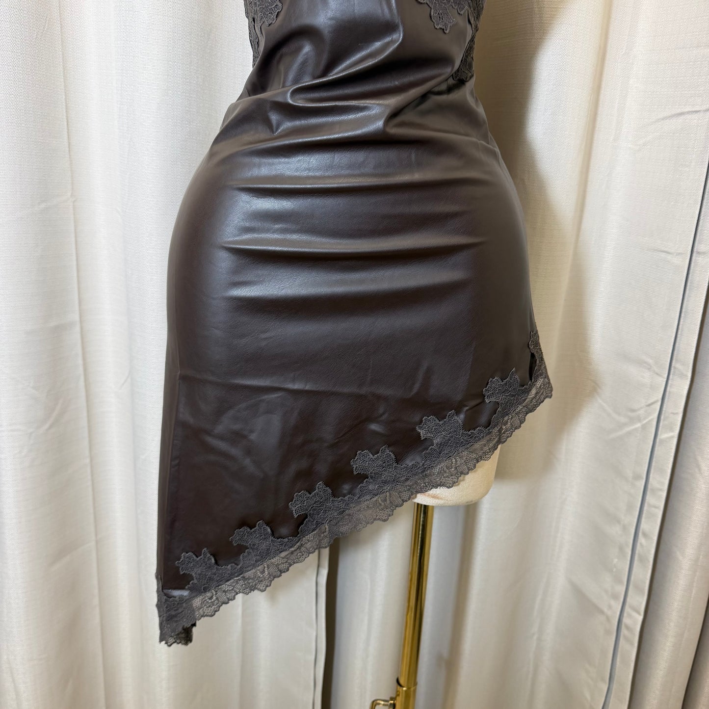 Asymmetrical Pu leather Lace detail Dress-Brown