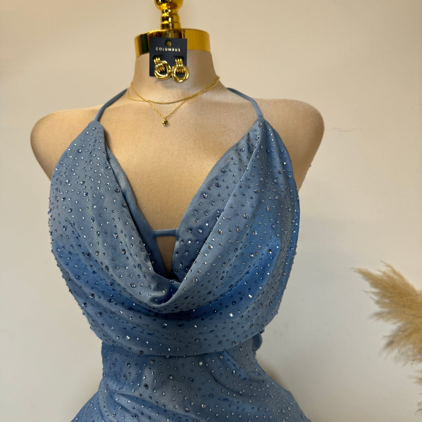 Cowl Rhinestone Dress-Baby Blue