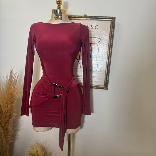 Long sleeve Drape Mini Dress-Burgundy