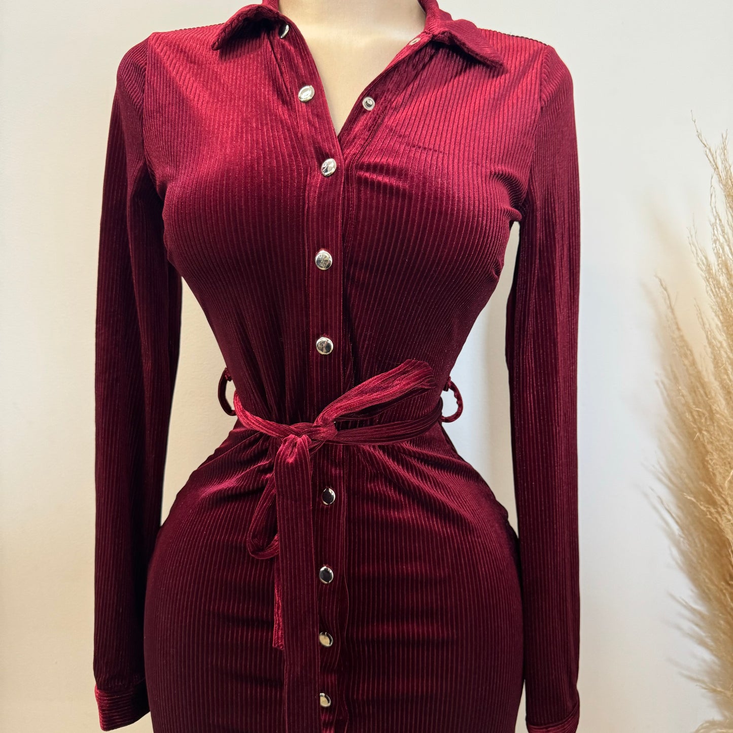 Lena Corduroy Button Down Midi Dress-Burgundy