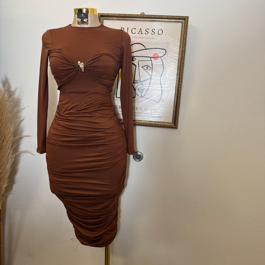 Long Sleeve Double Layered Midi Dress-Mocha