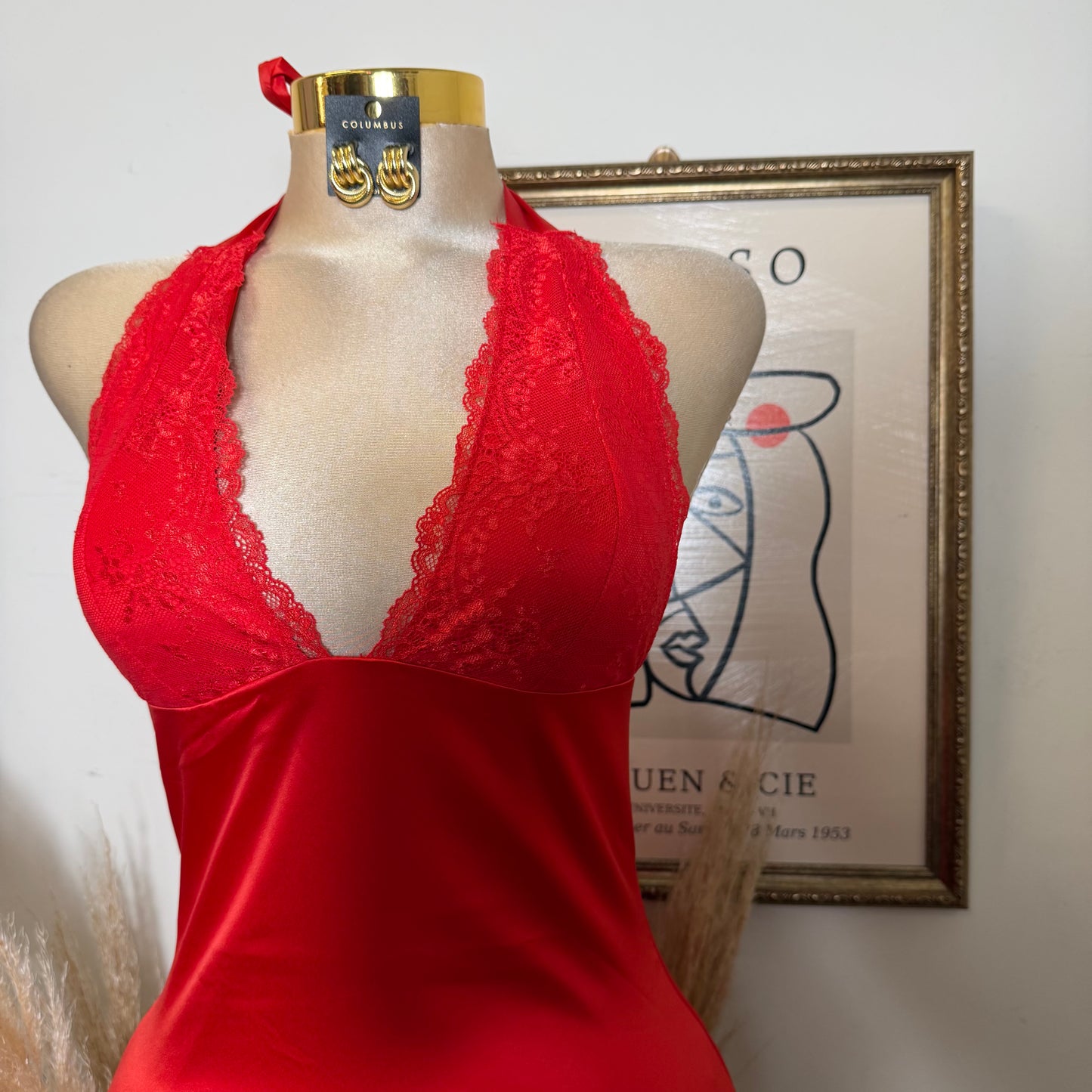 Halter Lace Satin Mini Dress-Red