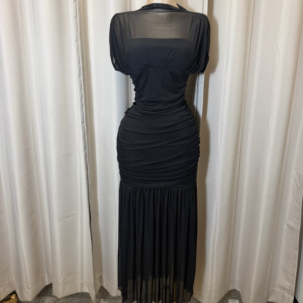 Mesh & Knit Mix Long Dress-Black