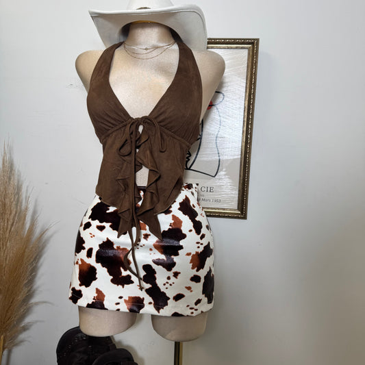 Cow Print Faux Leather Mini Skirt-Cow Print