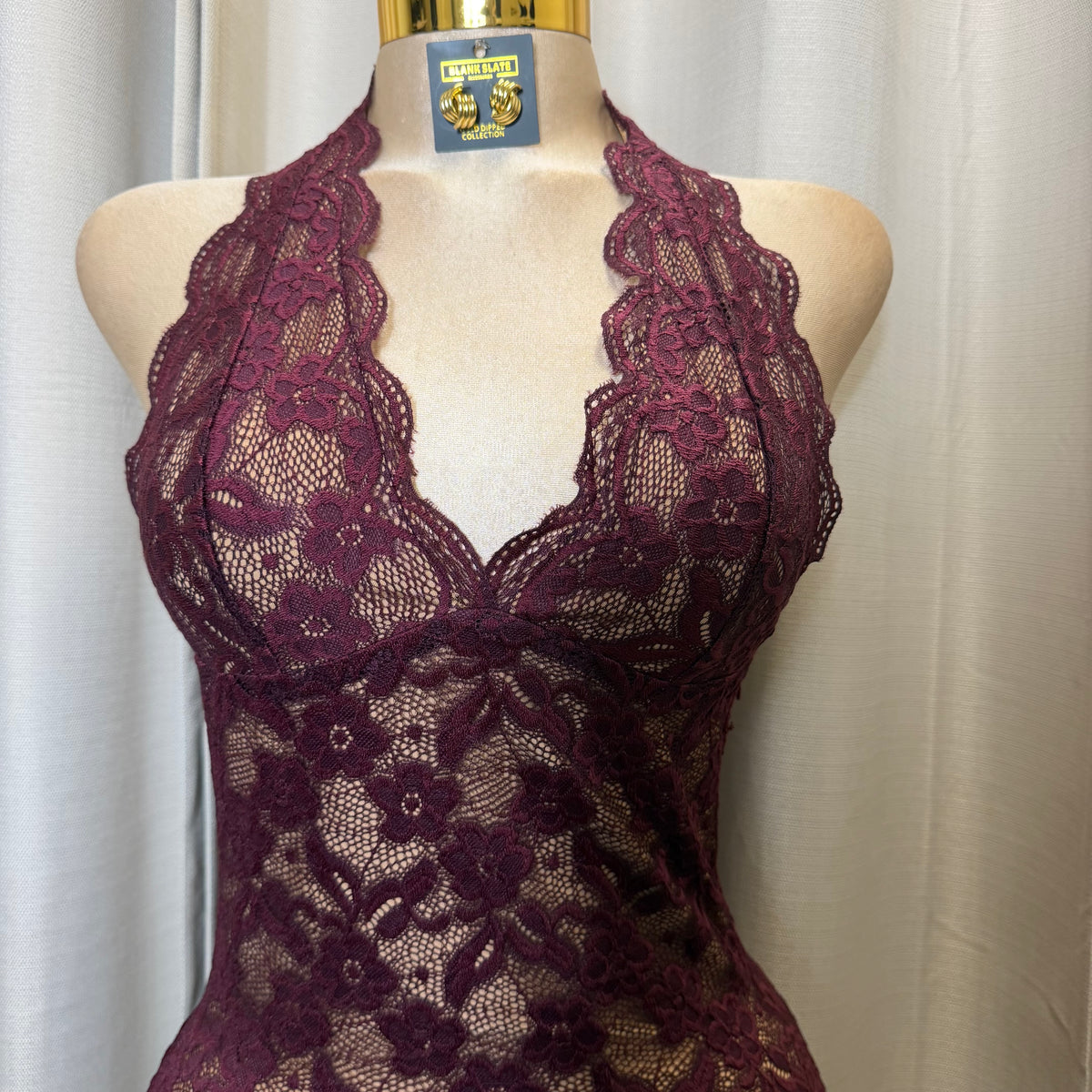Floral Lace Halter Neck Backless Midi Dress-Eggplant/Plum/Burgundy
