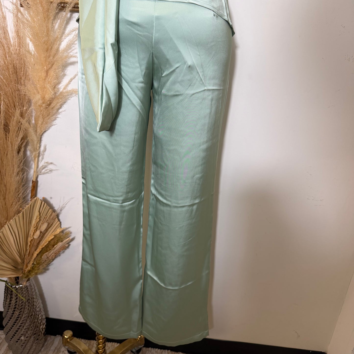 Satin Asymmetrical Scarf Halter Rcuhed Top Zipper Pants set