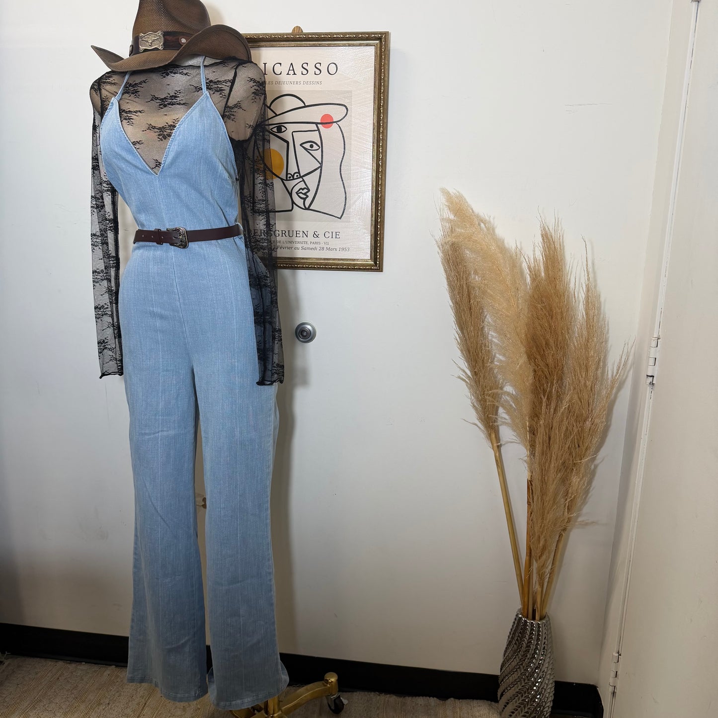Denim Jumpsuit With Belt-Light Blue