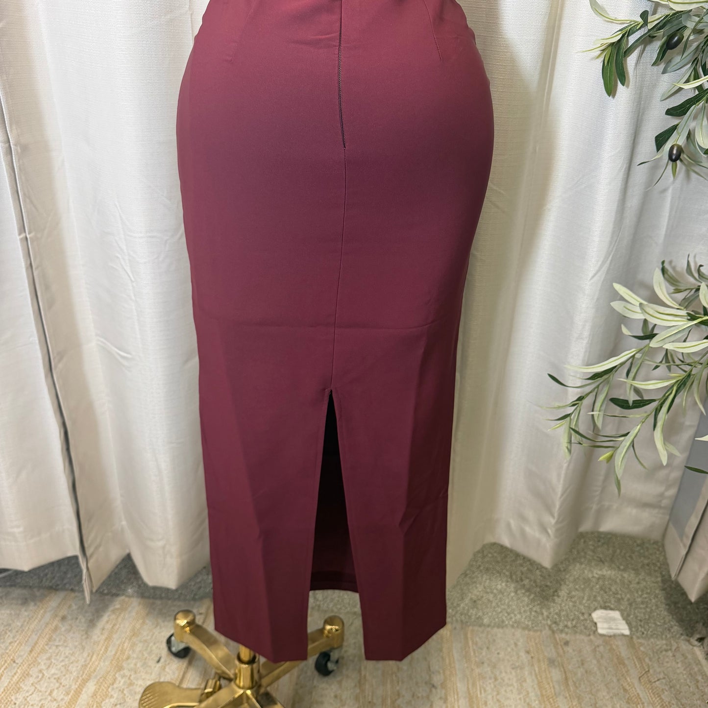 Halter Neck Structured Back Slit Maxi Dress-Burgundy