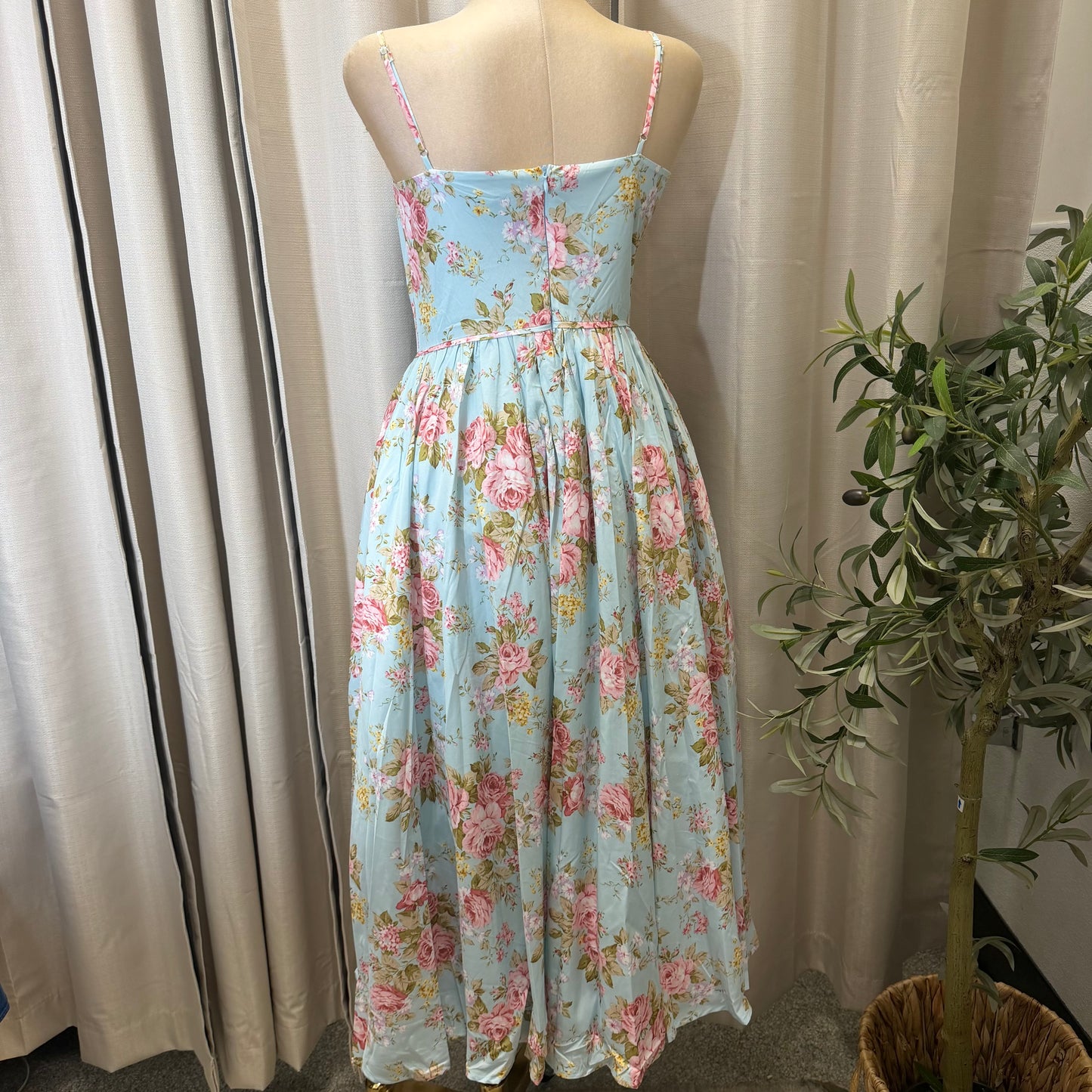 Floral Print Adjustable Straps Loose Maxi Dress-Light blue