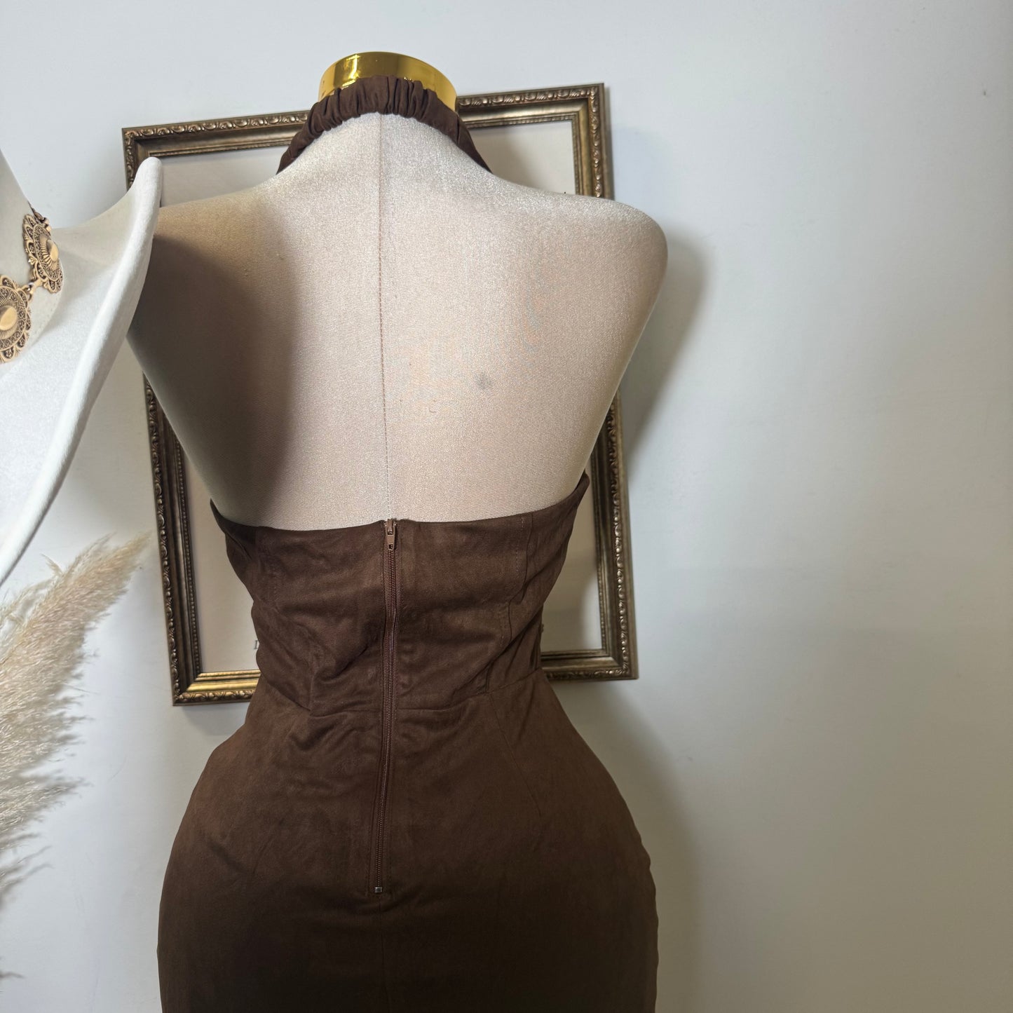 Western Suede Halter Dress-Brown